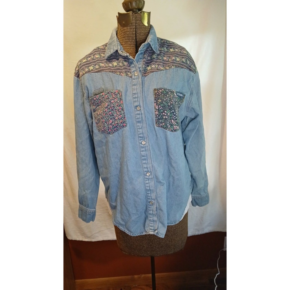 Vintage 90s Gitano Denim Floral Patchwork Pearl Snap Button Up Shirt Womens S